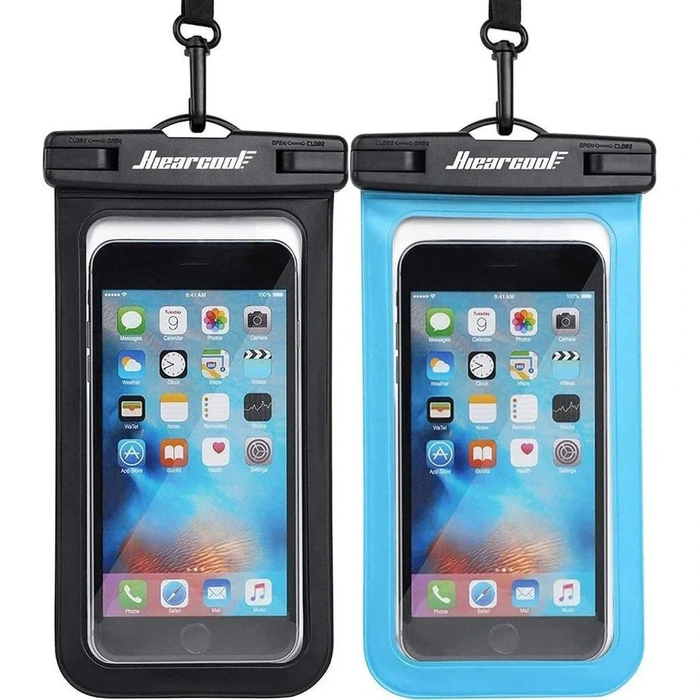 Waterproof Phone Pouch Universal Compat 8.3 inch Touch Screen Lanyard Black Blue
